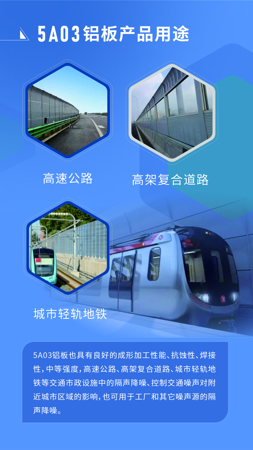 5A03鋁板也具有良好的成形加工性能、抗蝕性、焊接性，中等強(qiáng)度，高速公路、高架復(fù)合道路、城市輕軌地鐵等交通市政設(shè)施中的隔聲降噪、控制交通噪聲對(duì)附近城市區(qū)域的影響，也可用于工廠和其它噪聲源的隔聲降噪。