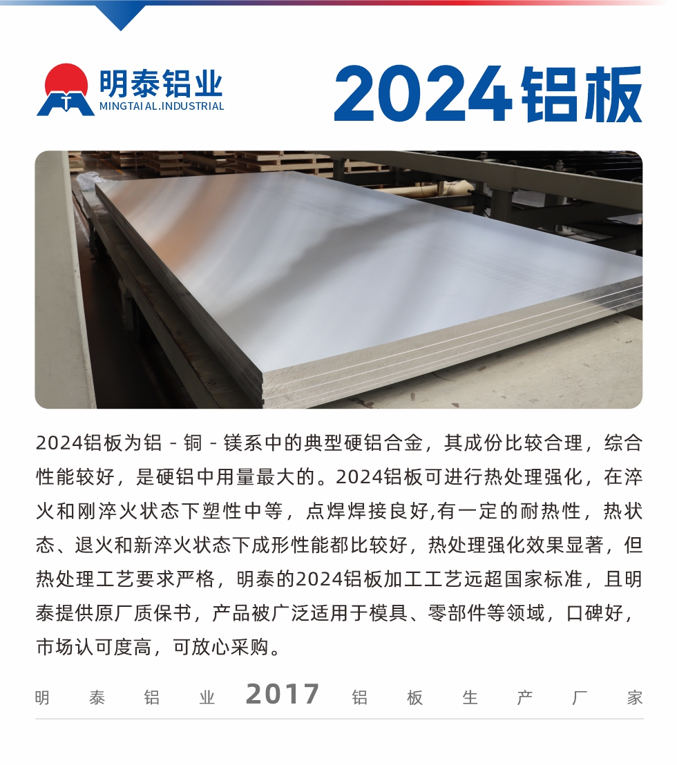 2024鋁板為鋁－銅－鎂系中的典型硬鋁合金，其成份比較合理，綜合性能較好，是硬鋁中用量最大的。2024鋁板可進行熱處理強化，在淬火和剛淬火狀態下塑性中等，點焊焊接良好,有一定的耐熱性，熱狀態、退火和新淬火狀態下成形性能都比較好，熱處理強化效果顯著，但熱處理工藝要求嚴格，明泰的2024鋁板加工工藝遠超國家標準，且明泰提供原廠質保書，產品被廣泛適用于模具、零部件等領域，口碑好，市場認可度高，可放心采購。
