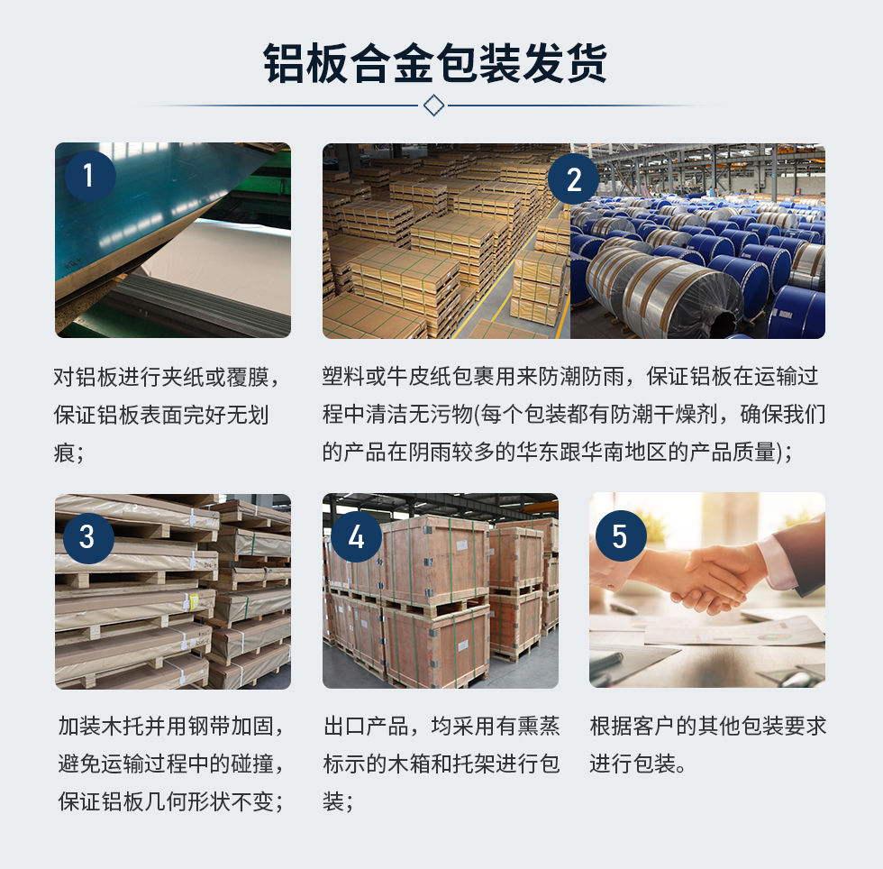 鋁板合金包裝發(fā)貨
1、對(duì)鋁板進(jìn)行夾紙或覆膜,保證鋁板表面完好無(wú)劃痕;
2、塑料或牛皮紙包裹用來(lái)防潮防雨,保證鋁板在運(yùn)輸過(guò)程中清潔無(wú)污物(每個(gè)包裝都有防潮干燥劑,確保我們的產(chǎn)品在陰雨較多的華東跟華南地區(qū)的產(chǎn)品質(zhì)量);
3、加裝木托并用鋼帶加固,避免運(yùn)輸過(guò)程中的碰撞,保證鋁板幾何形狀不變;
4、出口產(chǎn)品,均采用有熏蒸標(biāo)示的木箱和托架進(jìn)行包裝;
5、根據(jù)客戶(hù)的其他包裝要求進(jìn)行包裝;